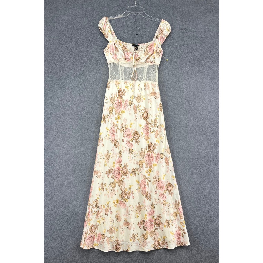 Satin Floral Maxi Dress Womens M Cream Pink Lace Cottage Romantic Forever 21